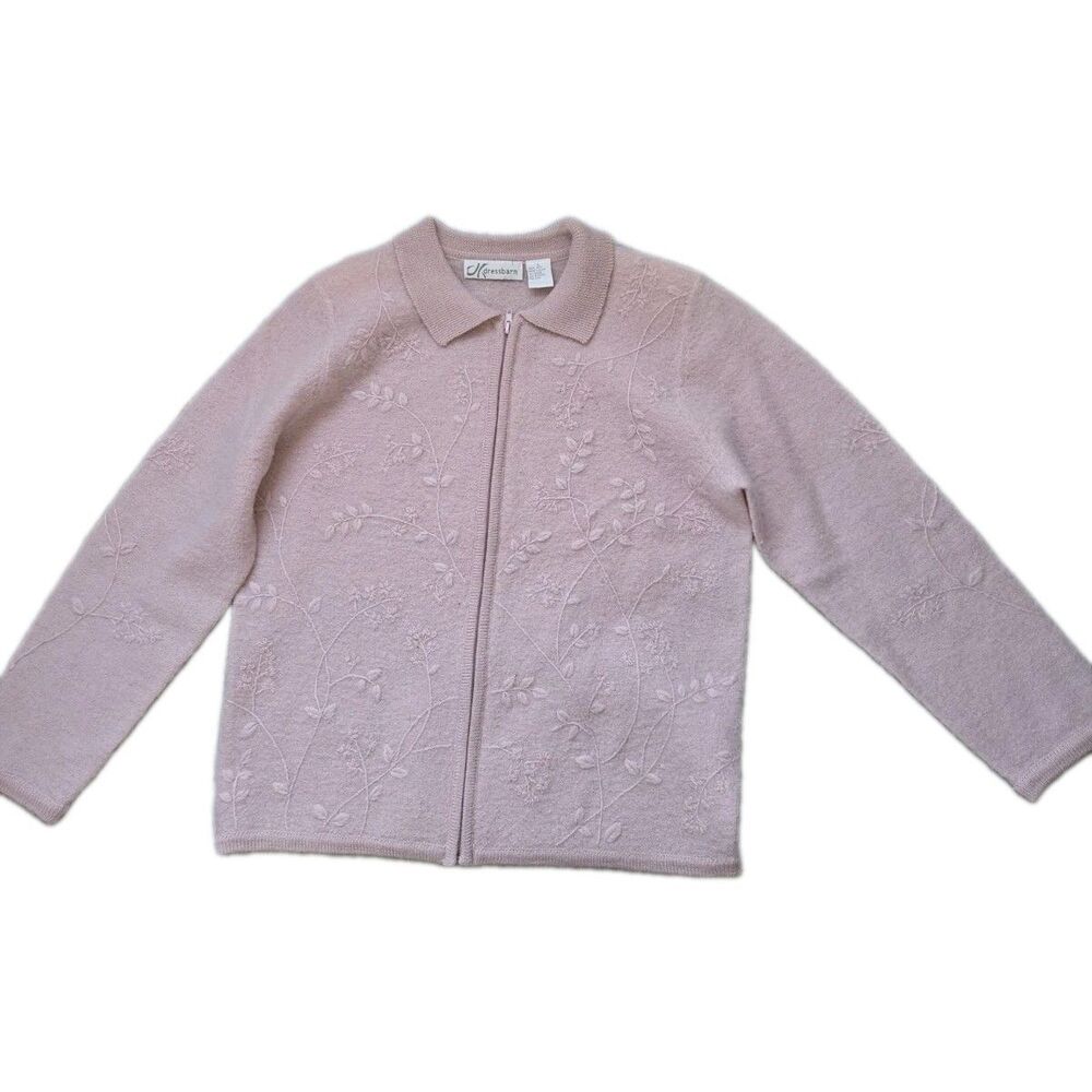 VTG Dressbarn Pink 100% Wool Floral Embroidered Zip Front Sweater Jacket L EUC